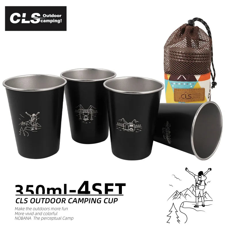 NOBANA New Outdoor Camping Cup 4-piece Set 304 Stainless Steel Cup Camping Picnic Barbecue Beer Water Coffee Cup 350ML