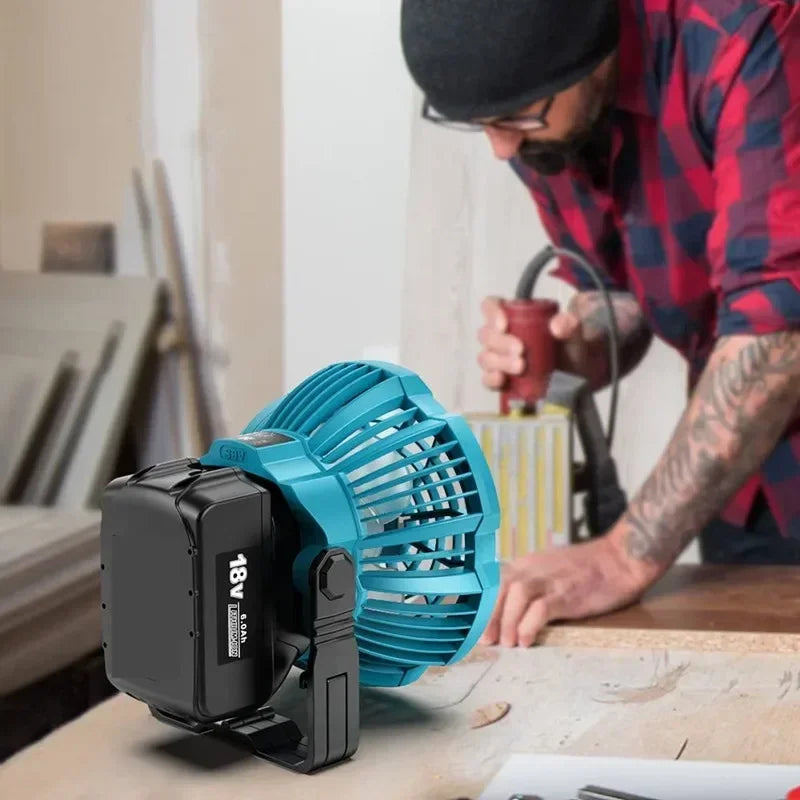 Portable Fan for Makita 18V Lithium-ion Battery Fan with 9W LED Work Light Personal Handheld Operated Fan with Hook for Camping