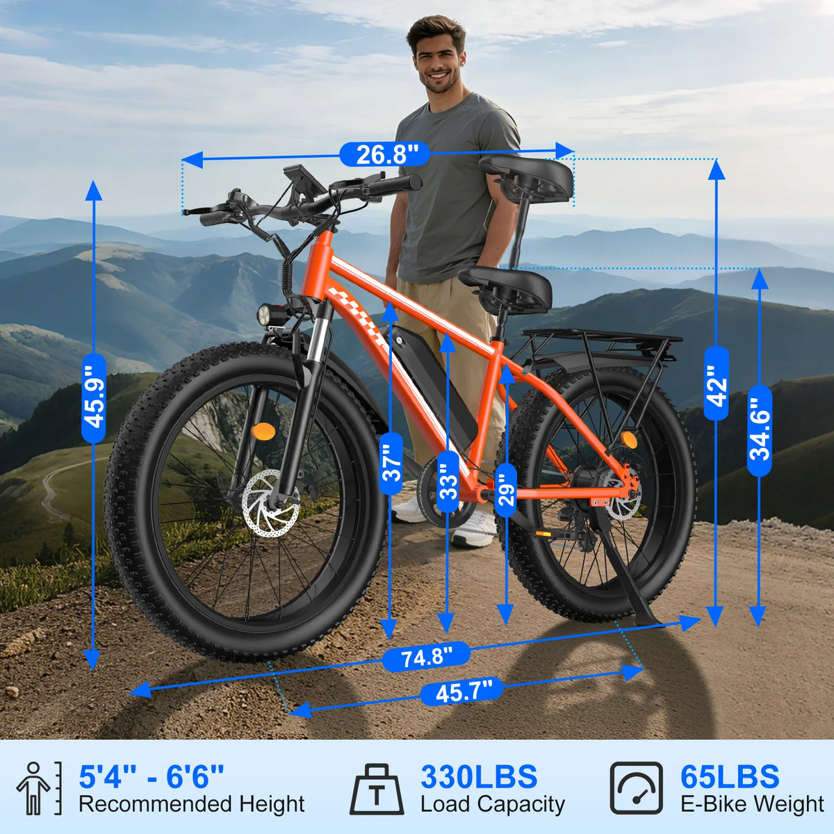 OBX Electric Bike 26" Fat Tires Electric Mountain Bike 1500W Peak Motor 48V 15Ah 28 MPH 55Mi Range Off-Road Ebike with Front Suspension