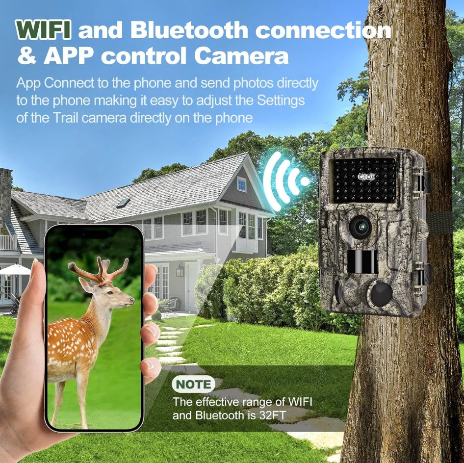 Wildlife Trail Camera Motion Triggered Game Hunting Camera, Bluetooth 4K Infrared Night Vision Outdoor Surveillance Trap Camera, IP66 Waterproof Wildlife Scouting Camera Included 32GB Memory Card