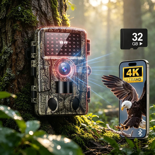 Wildlife Trail Camera Motion Triggered Game Hunting Camera, Bluetooth 4K Infrared Night Vision Outdoor Surveillance Trap Camera, IP66 Waterproof Wildlife Scouting Camera Included 32GB Memory Card