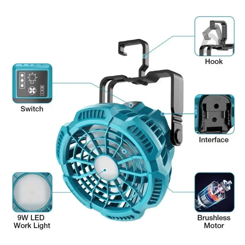 Portable Fan for Makita 18V Lithium-ion Battery Fan with 9W LED Work Light Personal Handheld Operated Fan with Hook for Camping