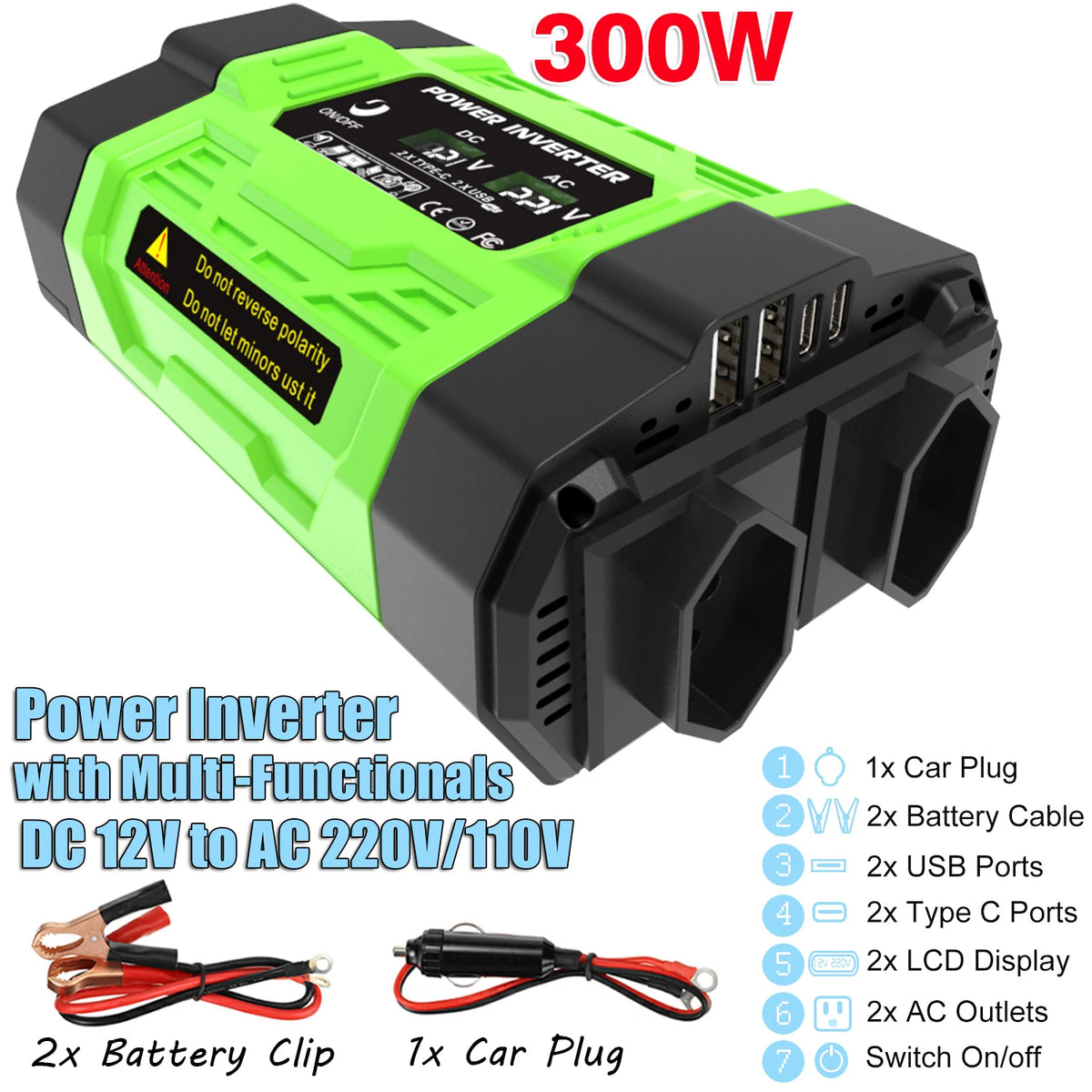 12V Car Power Inverter 200W/300W/500W DC To AC 110V/220V Converter with Dual Outlets USB Type-C LCD for Camping Travel
