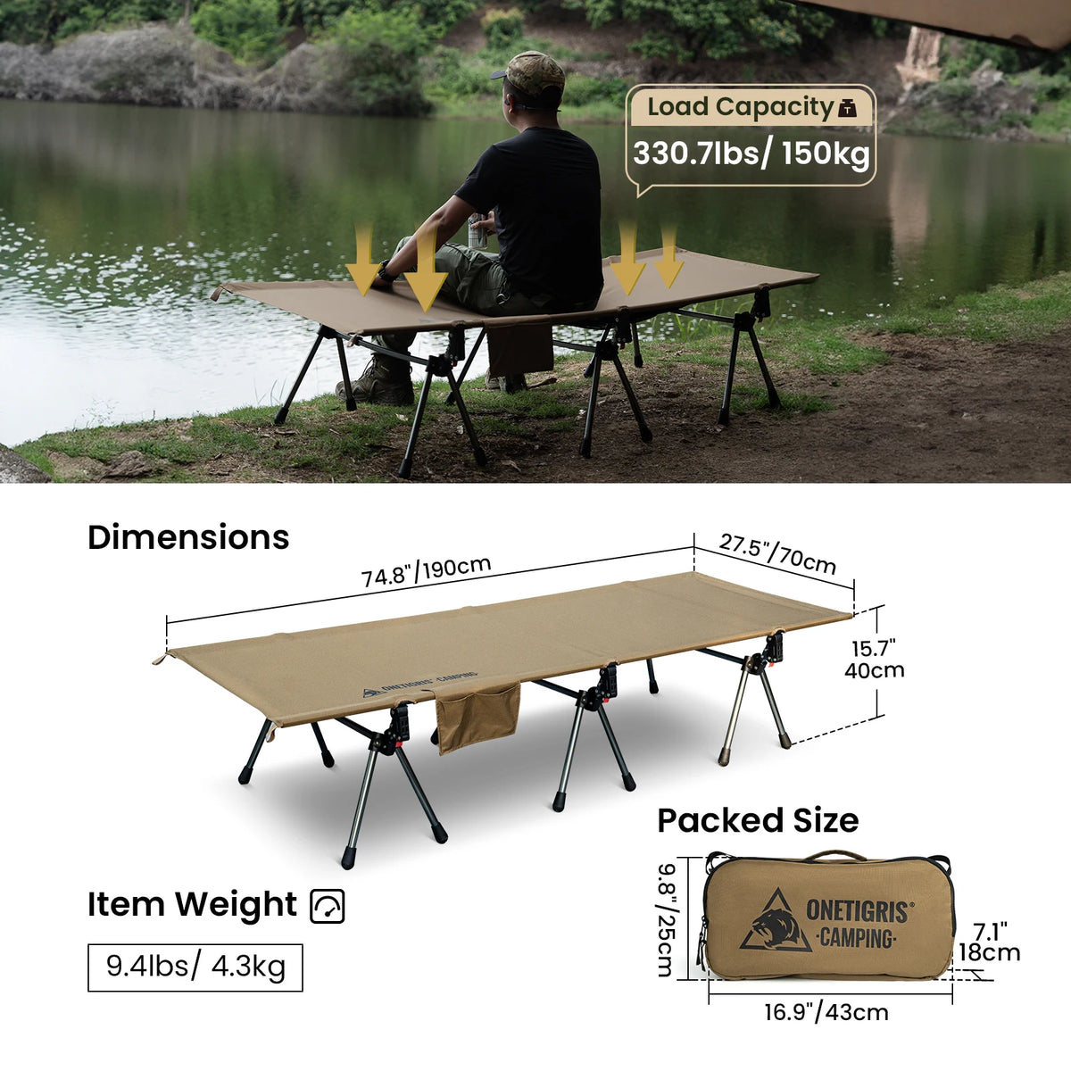 OneTigris Supranubis Camping Cot Ultralight Aluminum Alloy Folding Bed for Hiking Backpacking Travel Car Trips Sleeping Cot