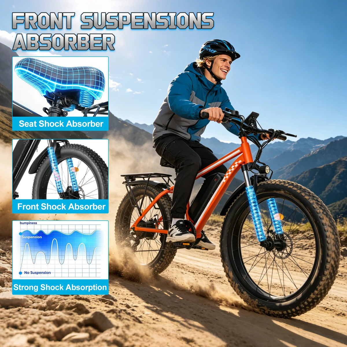 OBX Electric Bike 26" Fat Tires Electric Mountain Bike 1500W Peak Motor 48V 15Ah 28 MPH 55Mi Range Off-Road Ebike with Front Suspension