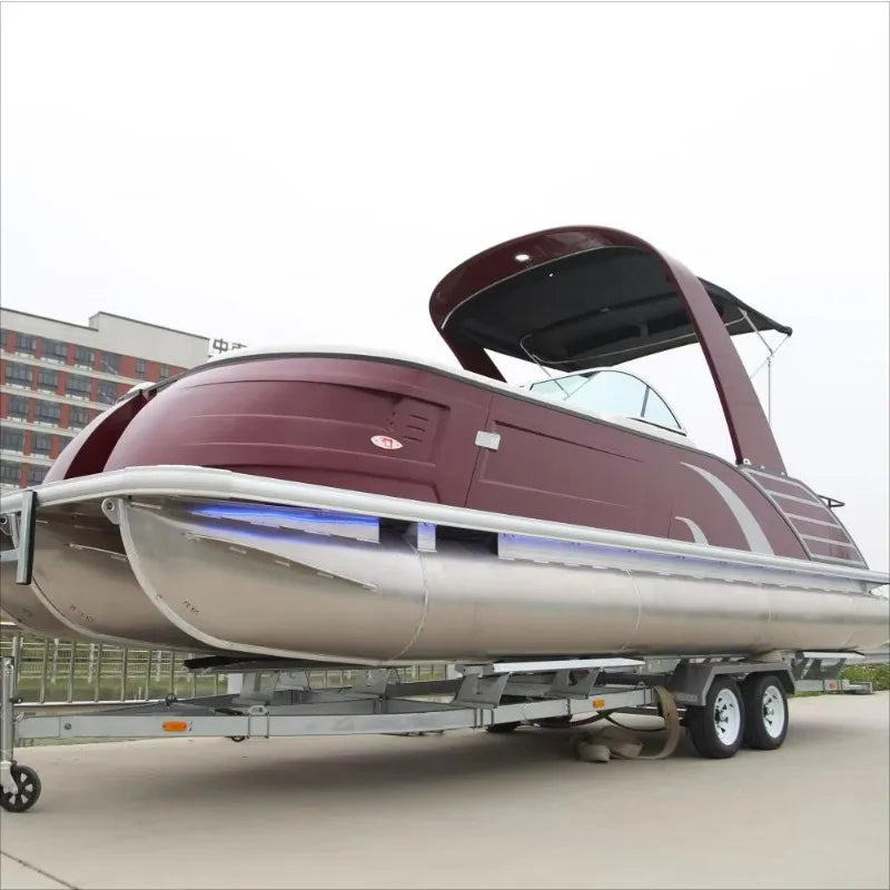 Customized 27ft Aluminium Sport Pontoon Drifting Boat for Outdoor Surfing Fiberglass Fishing Boat Outboard Welded Engine Sale