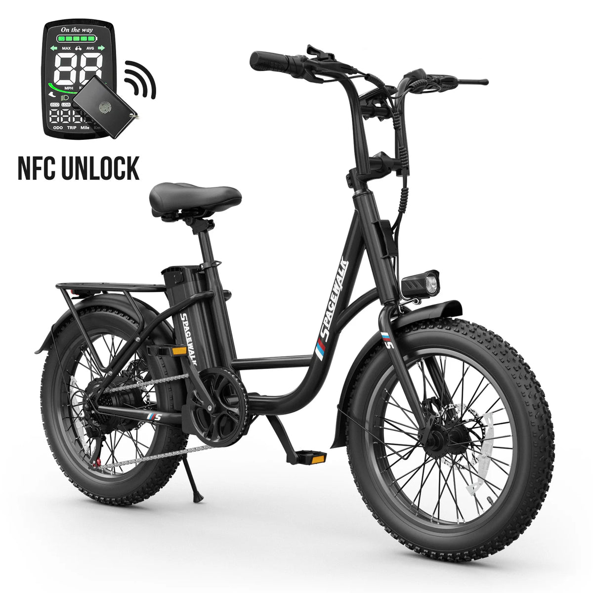 Spacewalk Fat Tire Electric Bike Adults 1500W Peak Motor 28MPH Speed 20x3.0 All Terrain Ebike 48V 13Ah Removable Battery NFC