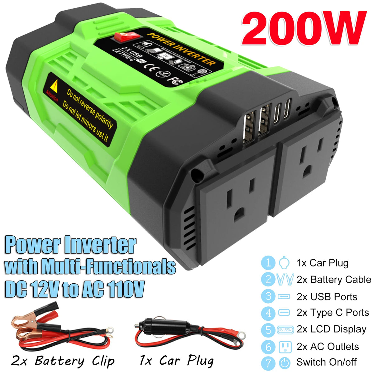 12V Car Power Inverter 200W/300W/500W DC To AC 110V/220V Converter with Dual Outlets USB Type-C LCD for Camping Travel