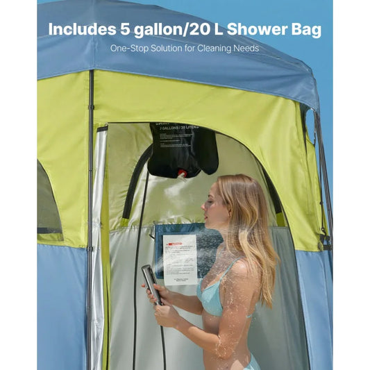 Camping Shower Tent, 2-Room Portable Privacy Tent Changing Room with Shower Bag, Ground Stakes, Ropes, Carry Bag