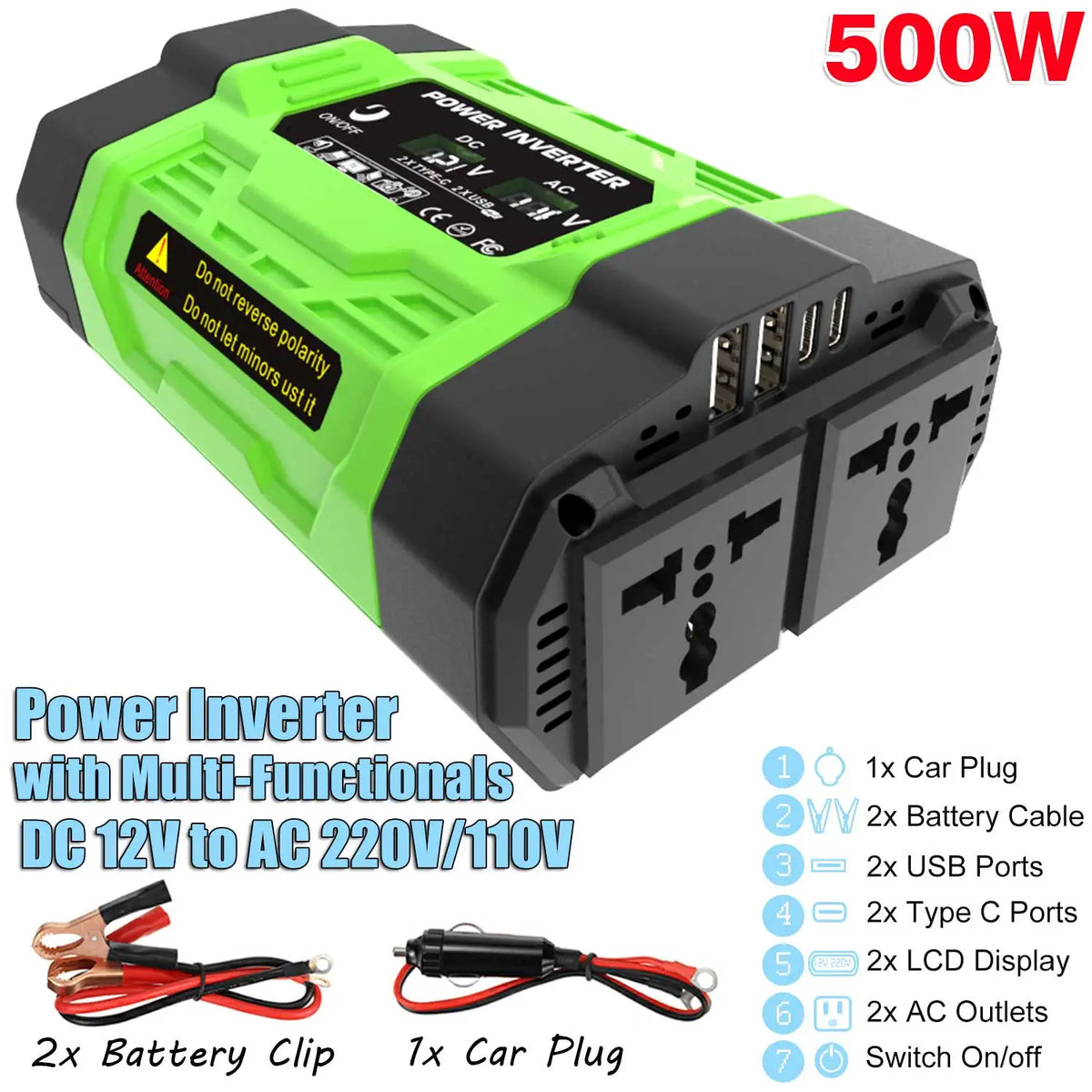 12V Car Power Inverter 200W/300W/500W DC To AC 110V/220V Converter with Dual Outlets USB Type-C LCD for Camping Travel