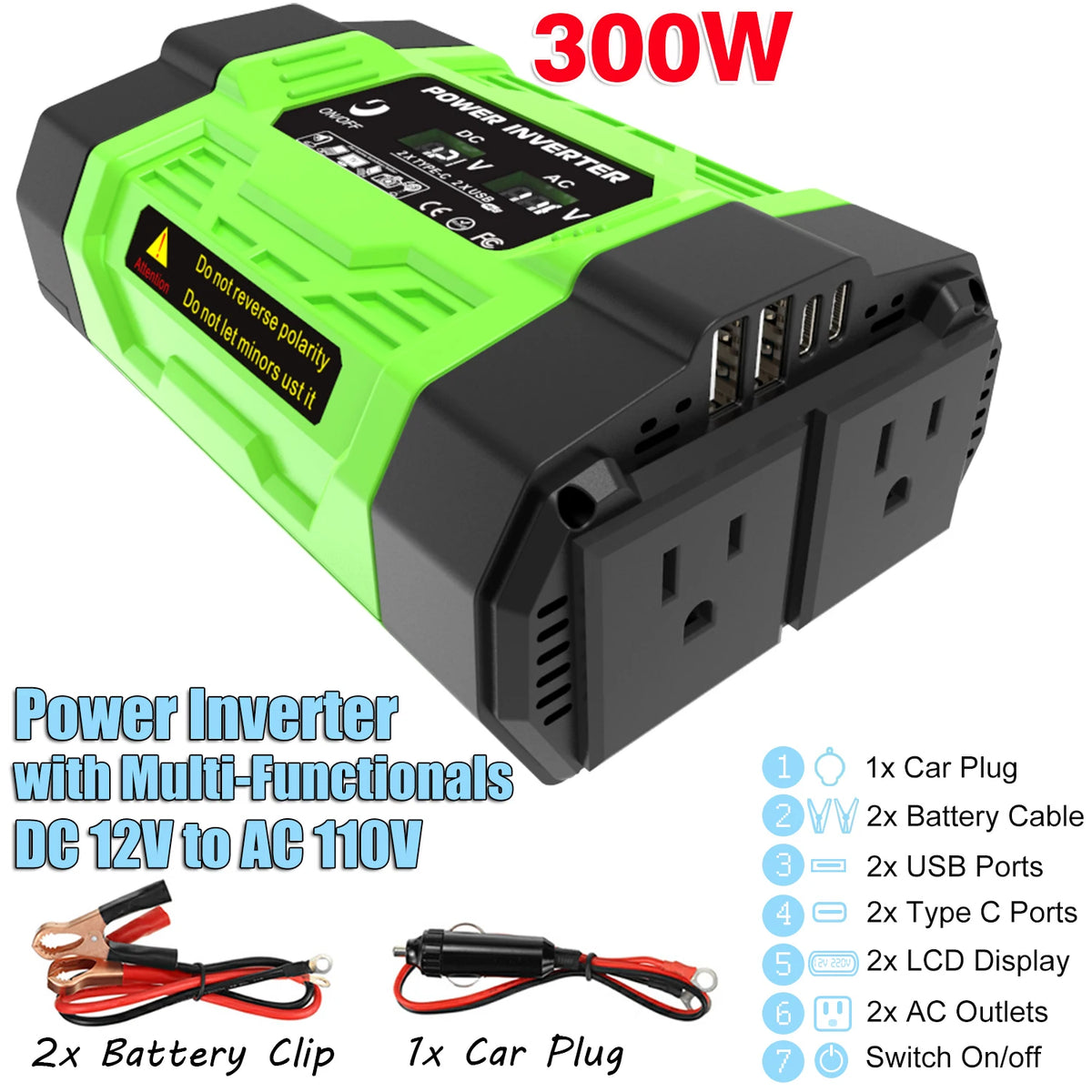 12V Car Power Inverter 200W/300W/500W DC To AC 110V/220V Converter with Dual Outlets USB Type-C LCD for Camping Travel