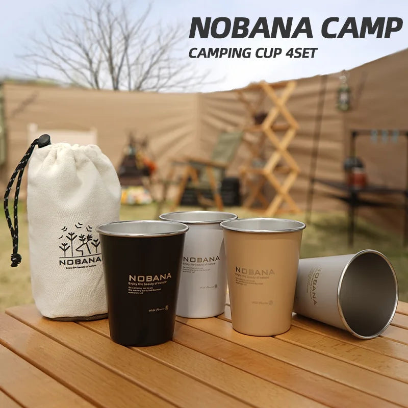 NOBANA New Outdoor Camping Cup 4-piece Set 304 Stainless Steel Cup Camping Picnic Barbecue Beer Water Coffee Cup 350ML