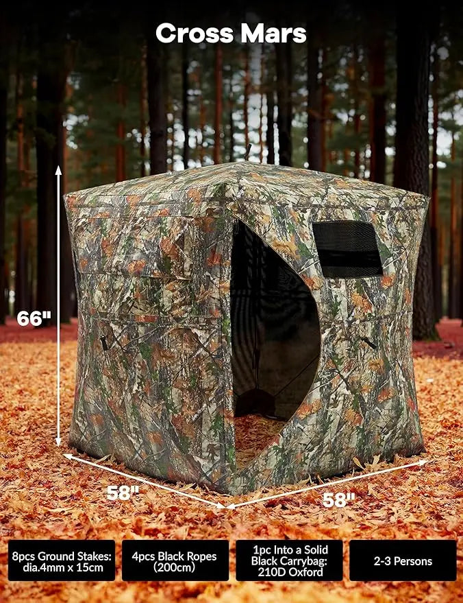 270 Degree See Through Ground Blind for Turkey Deer Catching, Camouflage Pop Up Outdoor Blinds Ground Waterproof Portable Concealed Shelter with Silent Door and Carrying Bag