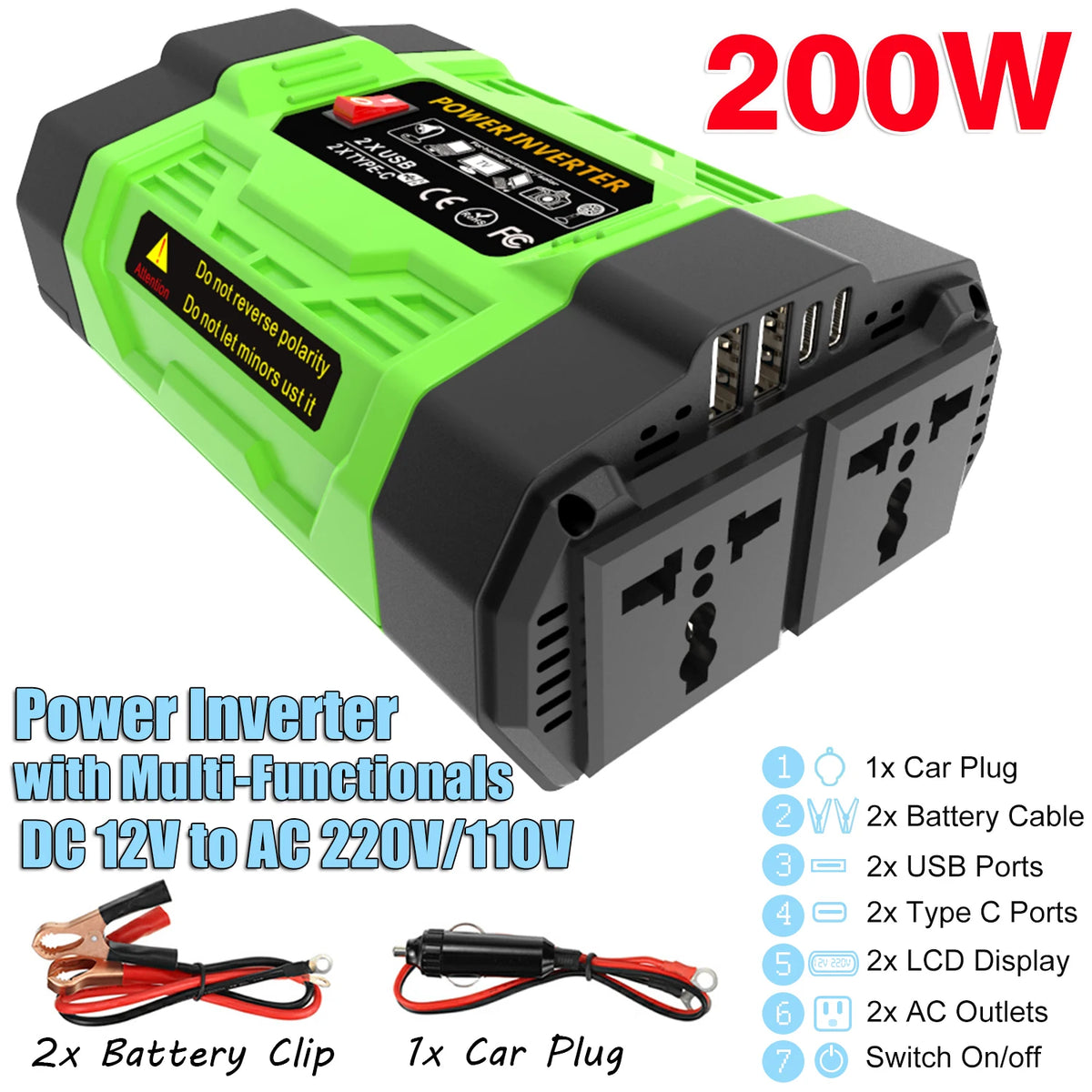 12V Car Power Inverter 200W/300W/500W DC To AC 110V/220V Converter with Dual Outlets USB Type-C LCD for Camping Travel