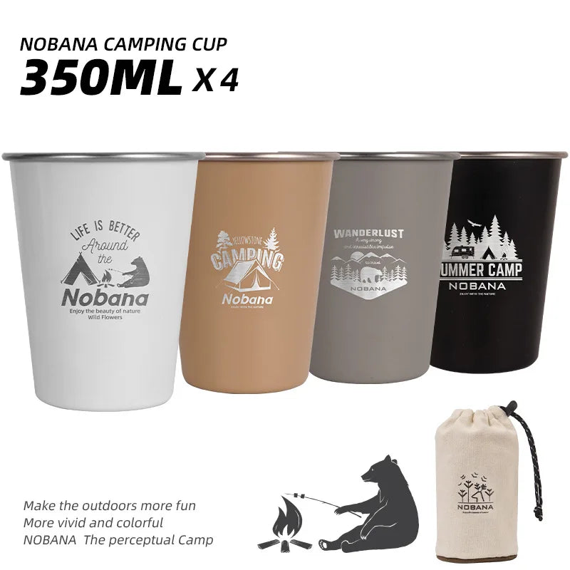 NOBANA New Outdoor Camping Cup 4-piece Set 304 Stainless Steel Cup Camping Picnic Barbecue Beer Water Coffee Cup 350ML