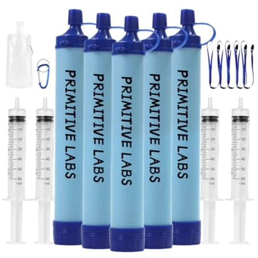 Emergency water filter straw for camping, hiking, travel, survival, biking; food-grade silicone and ABS plastic; black; filters