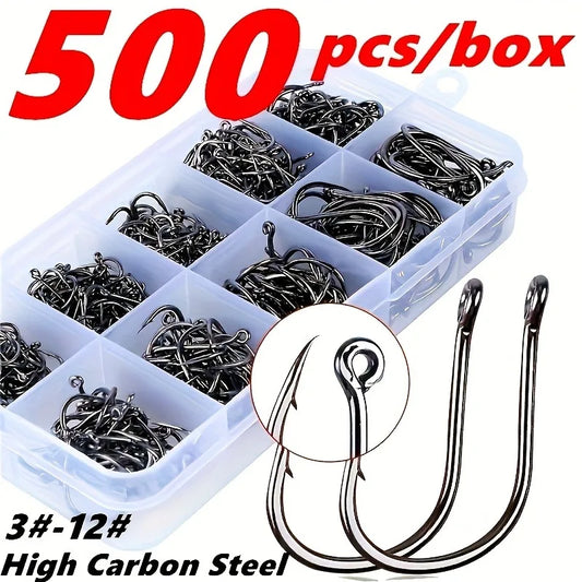 500pcs Fishhooks Strong Sharp Silver Circle Fishhook 3#-12# Jig Barbed Pesca Portable Fishing Tackle Accessories Sea Fishing Set
