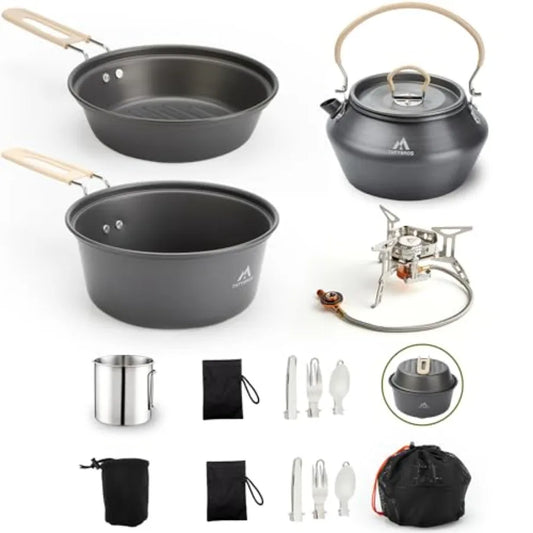 Camping cookware kit for hiking: stainless steel pot, pan, kettle, cups, plates, forks, knives, spoons in silver color