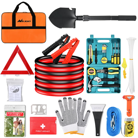 Nilight Car Emergency Kit with Jumper Cable, First Aid Kit Safety Assistance Tools for Travel Camping Outdoor Cars Truck SUV RV, Roadside Essentials with Flash Light