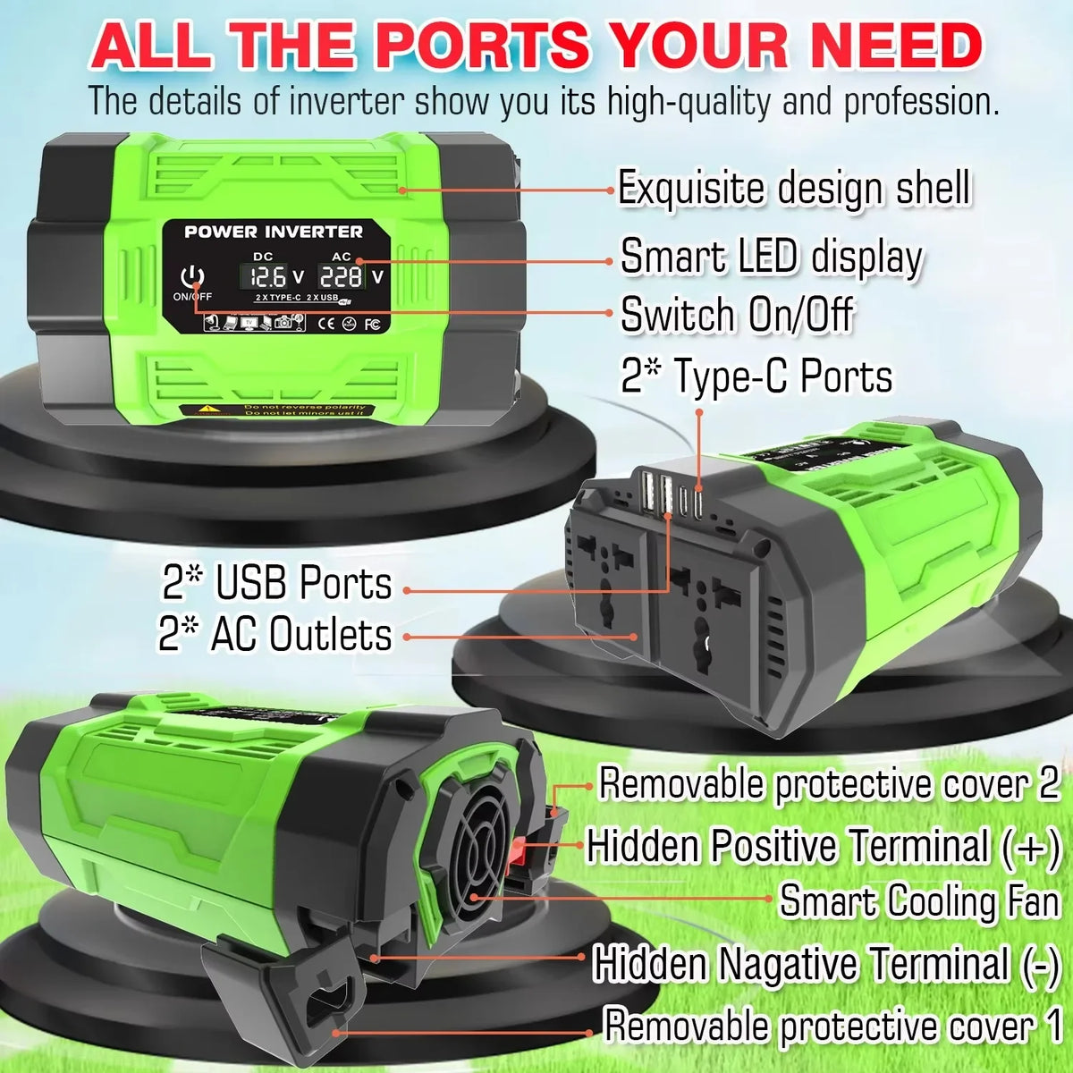 12V Car Power Inverter 200W/300W/500W DC To AC 110V/220V Converter with Dual Outlets USB Type-C LCD for Camping Travel