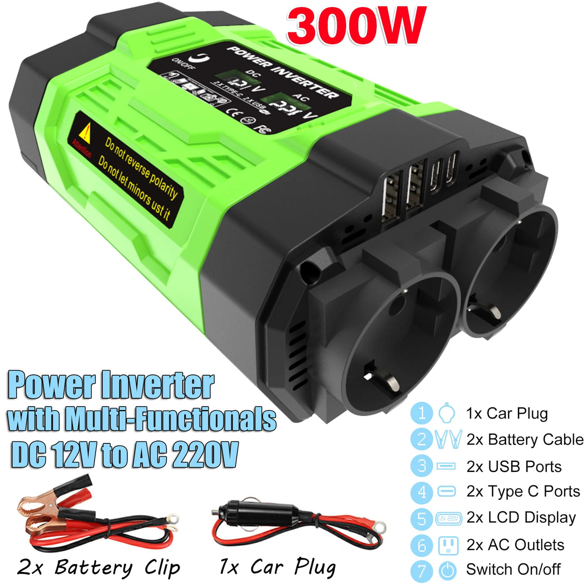 12V Car Power Inverter 200W/300W/500W DC To AC 110V/220V Converter with Dual Outlets USB Type-C LCD for Camping Travel