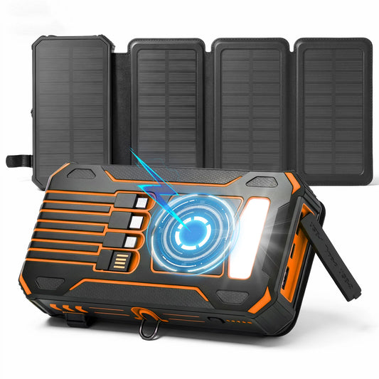 48000mAh Solar Power Bank Portable 4 Solar Panels 5V/3A PD15W Fast Charging Built-in 4 Cables Outdoor Camping Road Trip Emergency Poverbank External Battery