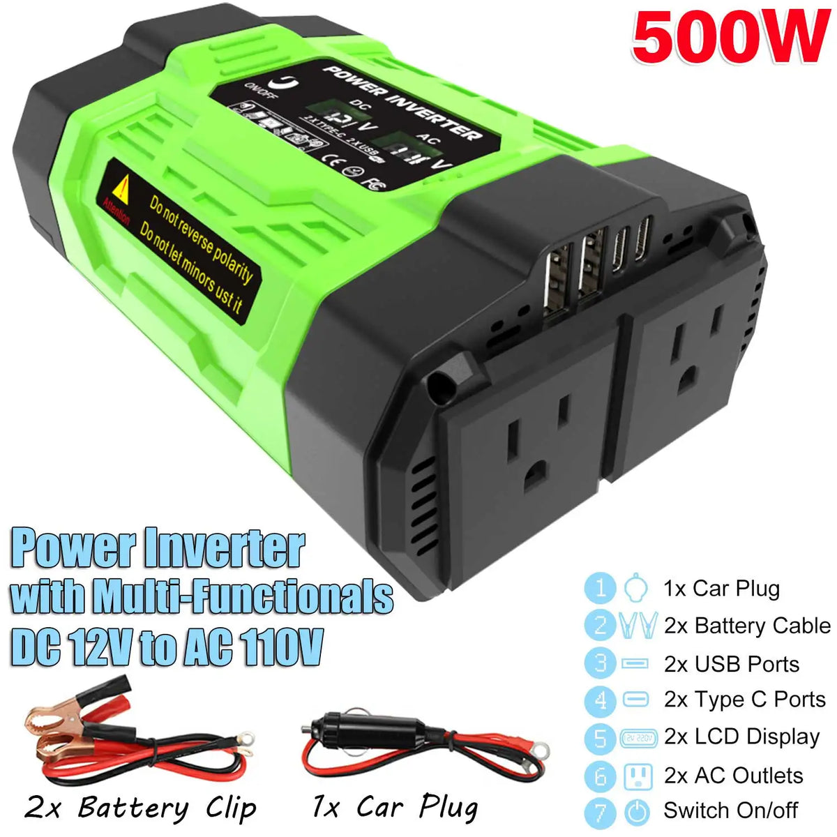 12V Car Power Inverter 200W/300W/500W DC To AC 110V/220V Converter with Dual Outlets USB Type-C LCD for Camping Travel