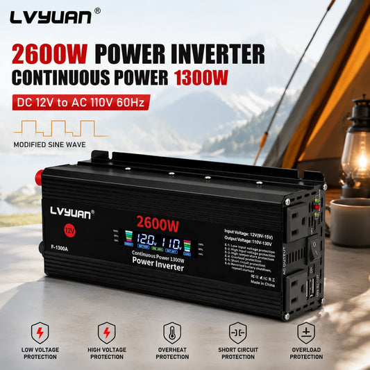 1500W 2000W 2600W Power Inverter DC 12V to AC 110V 120V Car Voltage Converter Pure Sine Wave Modified Sine Wave LCD Display Dual USB Fast Charging US Socket 60Hz Converter Adapter for RV Truck Camping Outdoor Emergency Home S