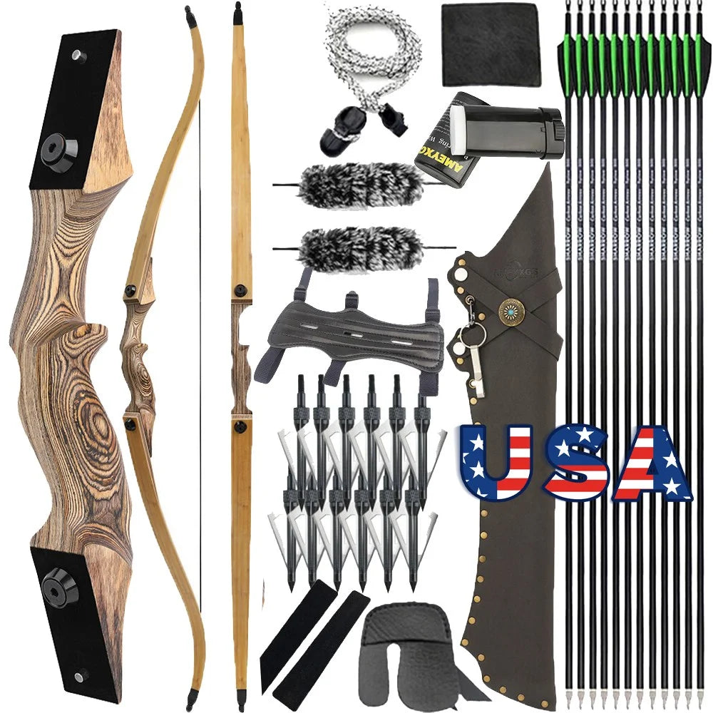 60" Takedown Hunting Recurve Bow Set30/45/60lbs Wooden Frame Stable Bamboo Core Limbs All-in-One Arrow Kit Right Hand Adult Archery Gear for Recreational Shooting Competition Training & Outdoor Small Game Hunting