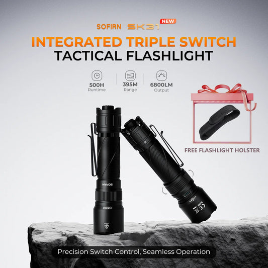 SOFIRN SK31 Rechargeable Tactical Flashlight 6800 Lumens USB-C Triple Switch 395m IPX8 Waterproof LED Torch Camping Outdoor Hunt