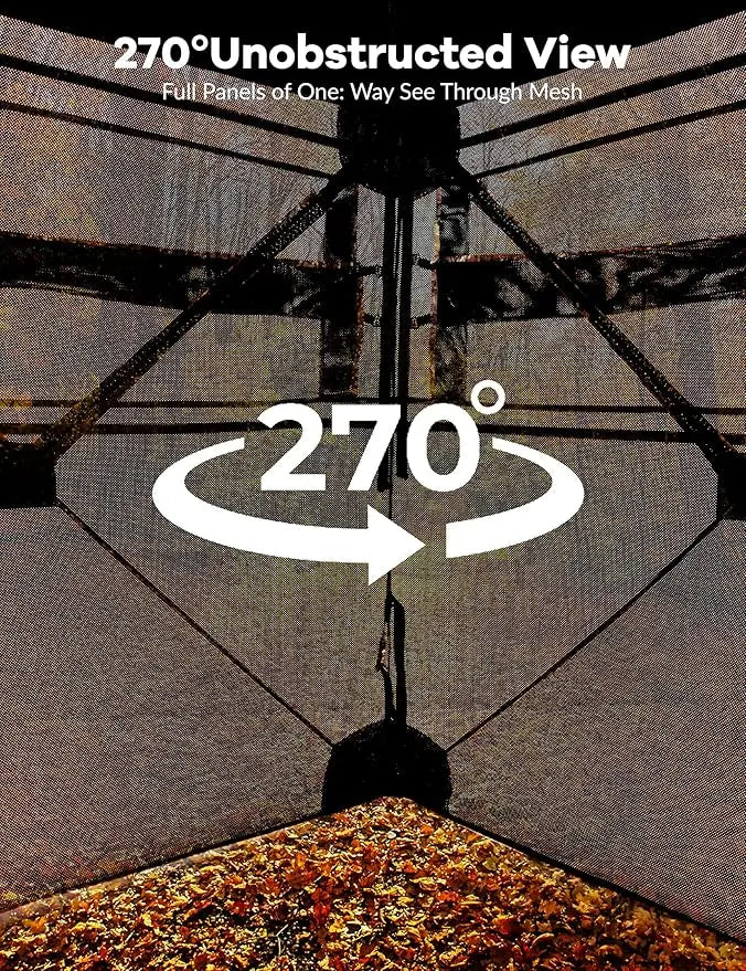 270 Degree See Through Ground Blind for Turkey Deer Catching, Camouflage Pop Up Outdoor Blinds Ground Waterproof Portable Concealed Shelter with Silent Door and Carrying Bag