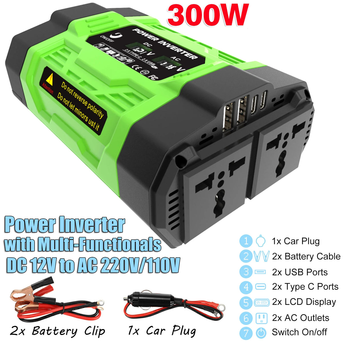 12V Car Power Inverter 200W/300W/500W DC To AC 110V/220V Converter with Dual Outlets USB Type-C LCD for Camping Travel