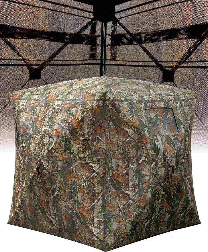 270 Degree See Through Ground Blind for Turkey Deer Catching, Camouflage Pop Up Outdoor Blinds Ground Waterproof Portable Concealed Shelter with Silent Door and Carrying Bag