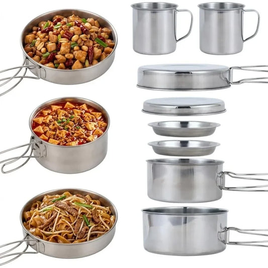 8Pcs/Set 304 Stainless Steel Portable Camping Cookware Set Outdoor Foldable Kettle and Pot Set