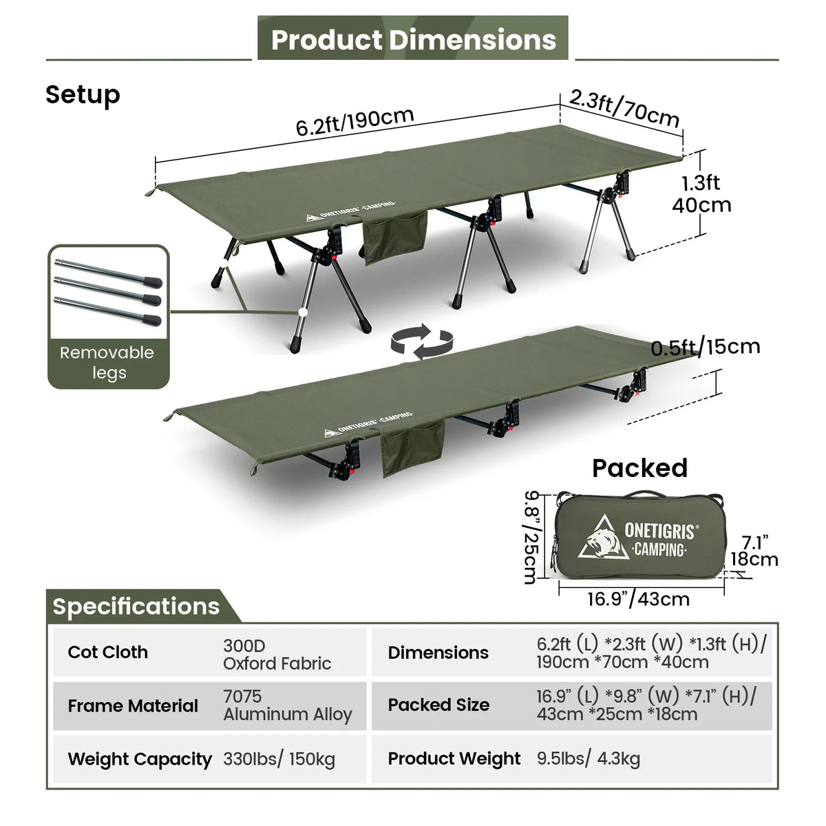 OneTigris Supranubis Camping Cot Ultralight Aluminum Alloy Folding Bed for Hiking Backpacking Travel Car Trips Sleeping Cot