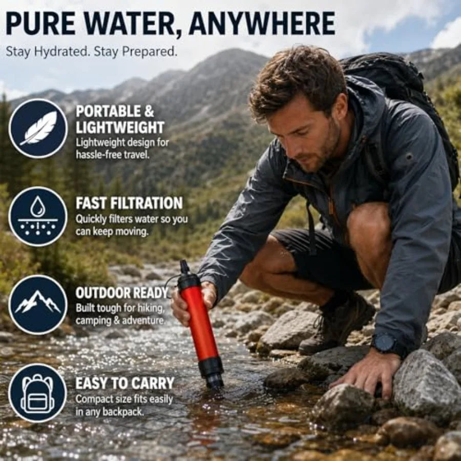 Water Filter Straw for Camping, Hiking, Travel, Biking Hollow Fiber Membrane, Black Filters 1500 Liters
