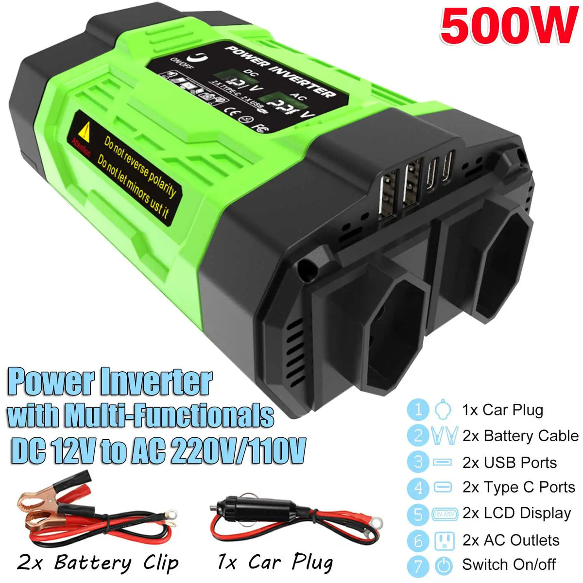 12V Car Power Inverter 200W/300W/500W DC To AC 110V/220V Converter with Dual Outlets USB Type-C LCD for Camping Travel
