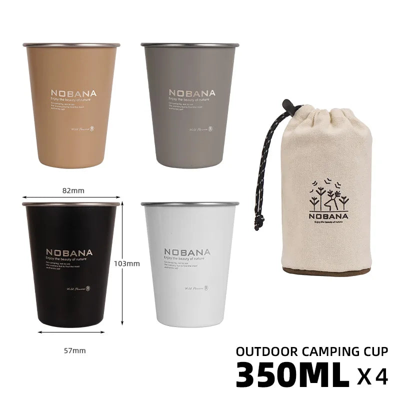 NOBANA New Outdoor Camping Cup 4-piece Set 304 Stainless Steel Cup Camping Picnic Barbecue Beer Water Coffee Cup 350ML