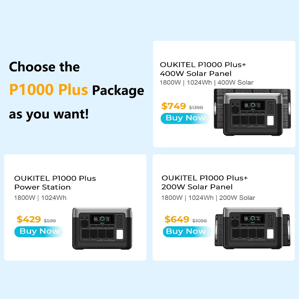 OUKITEL P1000 PLUS Portable Power Station 1024Wh LiFePO4 Solar Generator, 1800W 3600W Surge, 1 Hour Fast Charging, 10ms UPS, 100W PD, 11 Outputs, Lightweight Backup Power for Home Emergency Camping RV Hurricane Outdoor