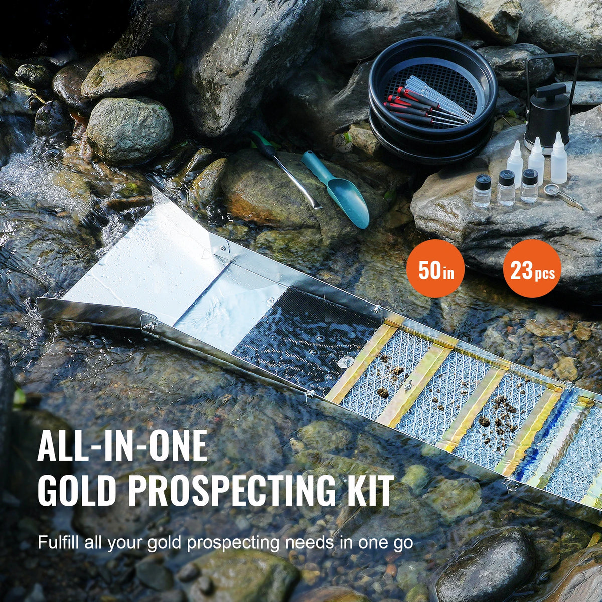 SucceBuy 50" 12" Complete Sluice Box Gold Panning Kit Aluminum Alloy Gold Mining Equipment 23/16 PCS Gold Prospecting Kit