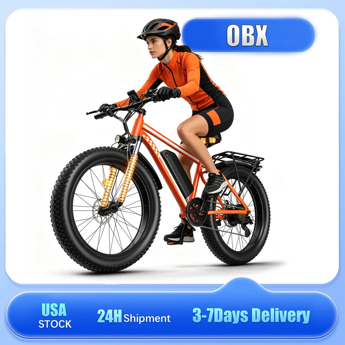 OBX Electric Bike 26" Fat Tires Electric Mountain Bike 1500W Peak Motor 48V 15Ah 28 MPH 55Mi Range Off-Road Ebike with Front Suspension