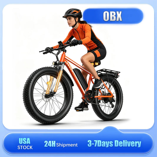 OBX Electric Bike 26" Fat Tires Electric Mountain Bike 1500W Peak Motor 48V 15Ah 28 MPH 55Mi Range Off-Road Ebike with Front Suspension