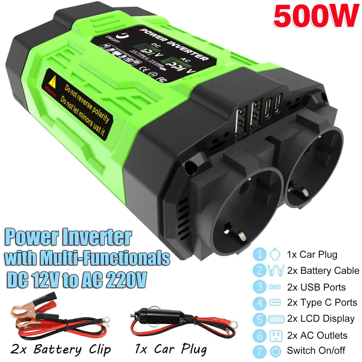 12V Car Power Inverter 200W/300W/500W DC To AC 110V/220V Converter with Dual Outlets USB Type-C LCD for Camping Travel