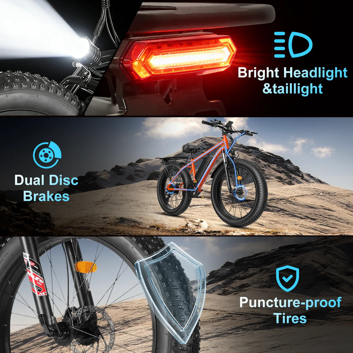 OBX Electric Bike 26" Fat Tires Electric Mountain Bike 1500W Peak Motor 48V 15Ah 28 MPH 55Mi Range Off-Road Ebike with Front Suspension