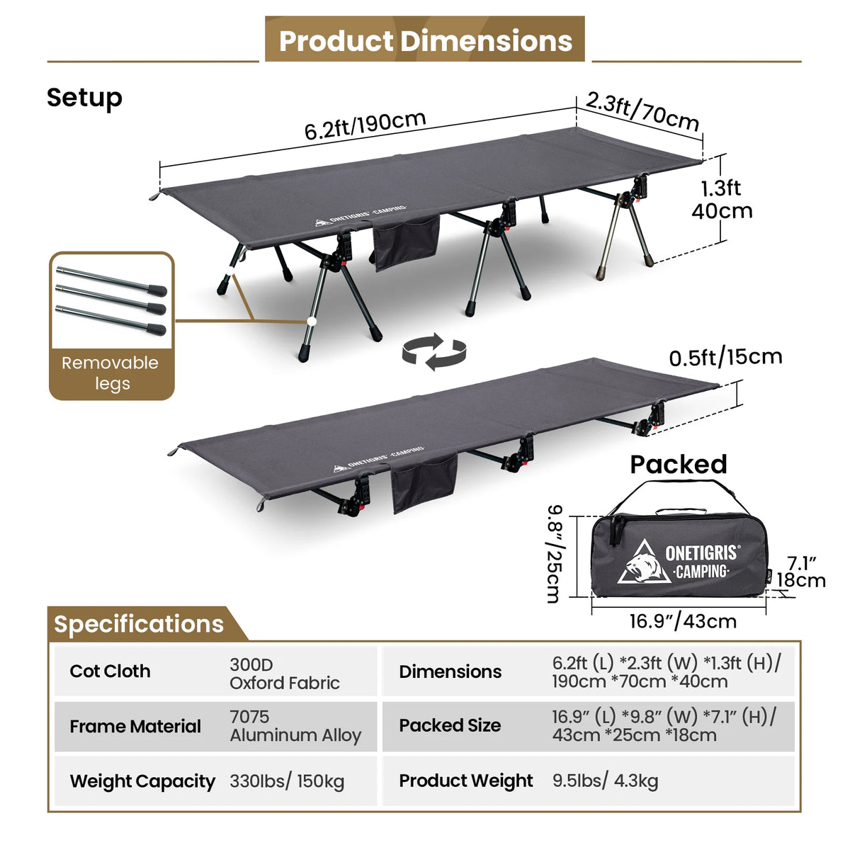 OneTigris Supranubis Camping Cot Ultralight Aluminum Alloy Folding Bed for Hiking Backpacking Travel Car Trips Sleeping Cot