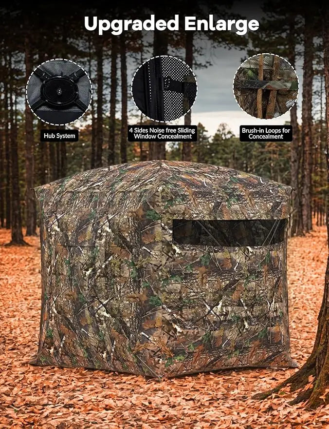 270 Degree See Through Ground Blind for Turkey Deer Catching, Camouflage Pop Up Outdoor Blinds Ground Waterproof Portable Concealed Shelter with Silent Door and Carrying Bag
