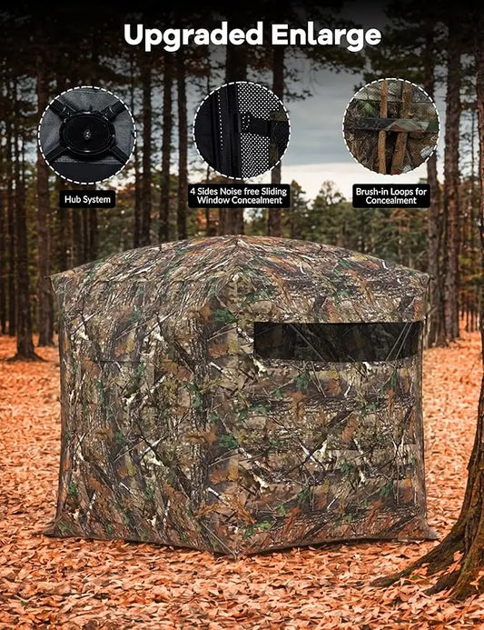 270 Degree See Through Ground Blind for Turkey Deer Catching, Camouflage Pop Up Outdoor Blinds Ground Waterproof Portable Concealed Shelter with Silent Door and Carrying Bag