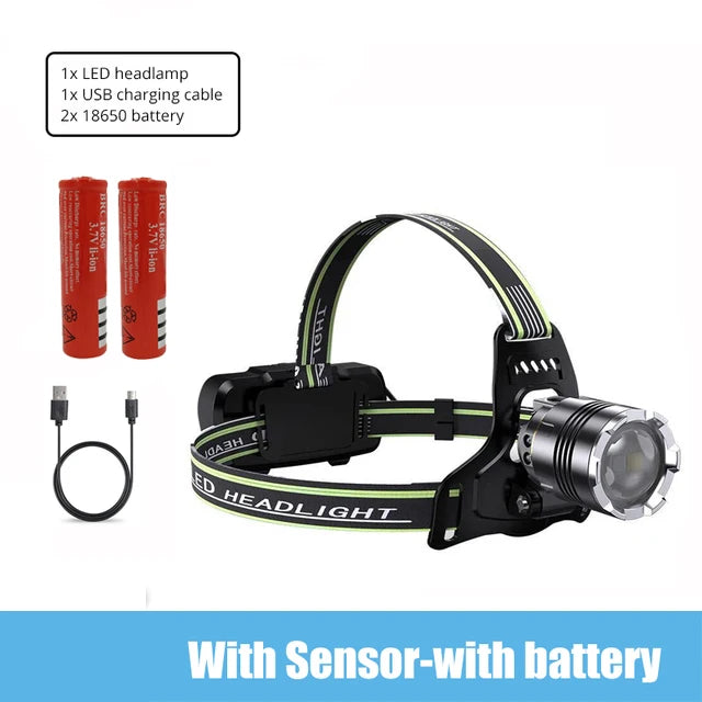 E2 White+UV Light Headlamp Motion Sensor LED Dual Light USB Rechargeable Outdoor Headlight Camping torch Lantern Waterproof Zoom
