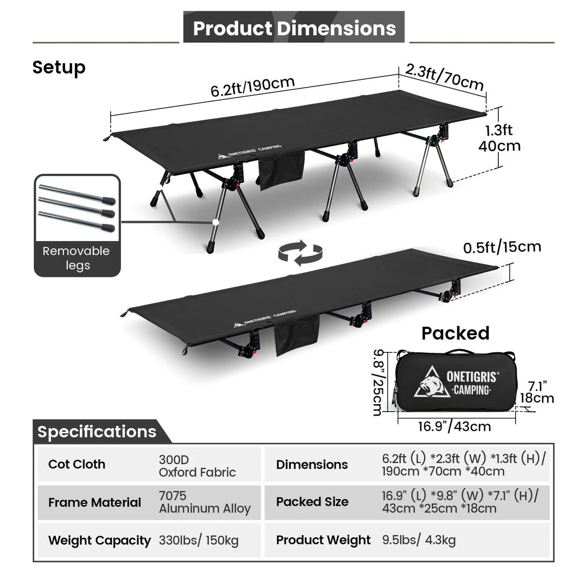 OneTigris Supranubis Camping Cot Ultralight Aluminum Alloy Folding Bed for Hiking Backpacking Travel Car Trips Sleeping Cot