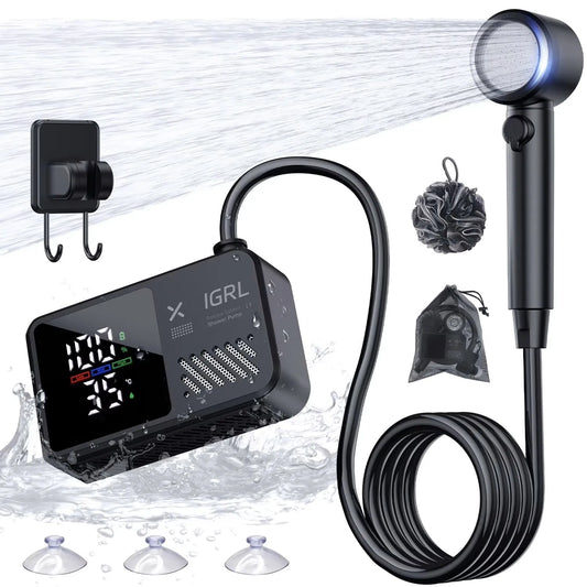 Portable Camping Shower 7800mAh Rechargeable Pump with Digital Display, 4 Water Modes, Bath Sponge, Hiking Travel Car Wash Pet